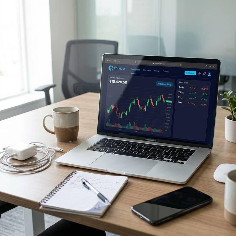 Le tableau de bord Courcef sur un ordinateur portable : graphique en chandeliers, solde du portefeuille et liste de suivi crypto