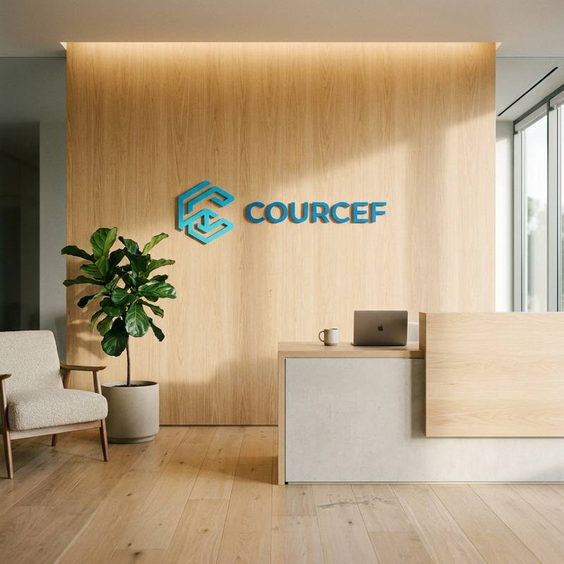 Le siège de Courcef : un accueil au mur de bois clair portant l’enseigne Courcef, avec une plante, un fauteuil et un comptoir