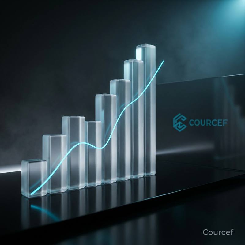 Histogramme en verre dépoli surmonté d’une courbe cyan ascendante, avec le logo Courcef en arrière-plan