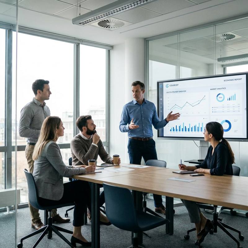 Réunion d’équipe Courcef dans une salle de conseil moderne, un collaborateur présentant un rapport économique à l’écran